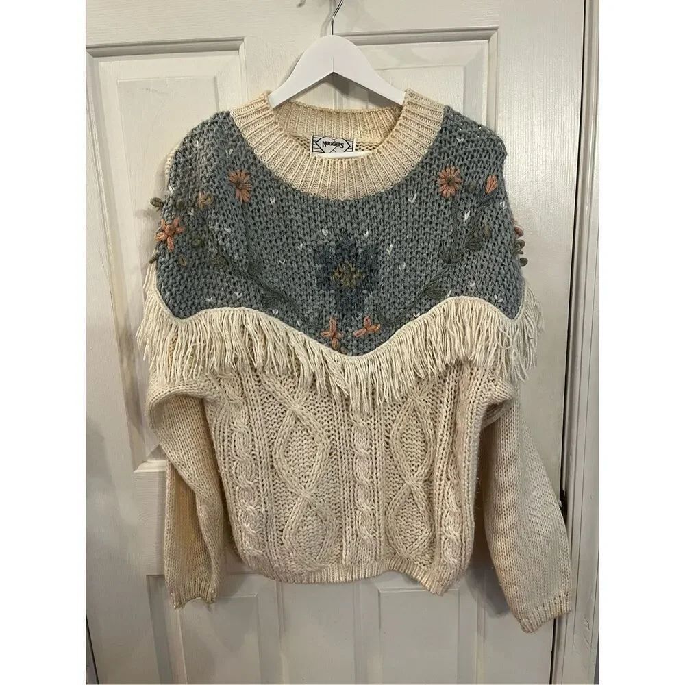 Vintage Nuggets Cream & Blue Fringe Sweater sz L